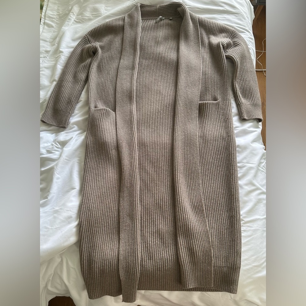 Vince Long Ribbed Open Front Cardigan in Taupe